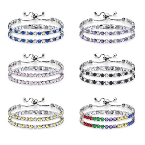 Colorful Zircon Tennis Bracelet For Women Copper Plated Adjustable Bolo Clasp Rainbow Multi Color Sparkly Jewelry Gift