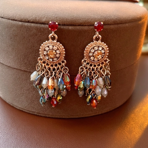 Pendientes De Borlas Boho Cristal Colorido Flor Aleación Con Poste De Plata De Ley 925 Joyería Retro Para Mujer