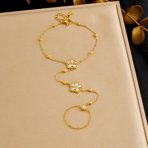 Pulsera De Dedo Flor Chapada En Oro Acero Inoxidable Cadena De Mano Con Circonita Para Mujer Elegante Minimalista