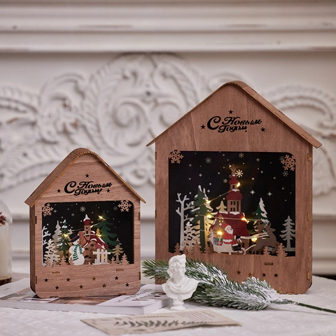 Weihnachts Haus Ornament Holz LED Leuchtend Lasergeschnitten Winterszene Desktop Dekoration Festliche Heimdekoration