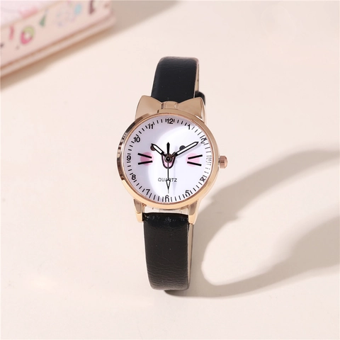 Mode Quarz Uhr Niedliche Katzenohr Legierung Gehäuse PU Lederarmband Runde Analoge Armbanduhr Für Mädchen Schüler Neuheit