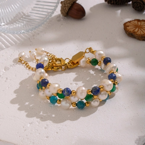 Beaded Bracelet Freshwater Pearl Natural Stone Stainless Steel 18K Gold Plated Waterproof Hypoallergenic Retro Bohemian