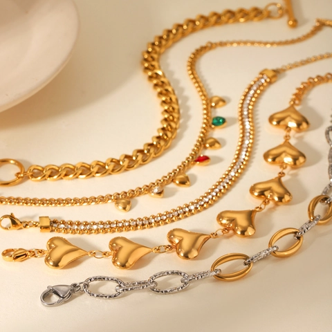 Luxe Roestvrijstalen Hart Schelp Vijf Bloemen Armband Voor Dames Goud Verguld Onregelmatige Ketting Strass Armband Sieraden