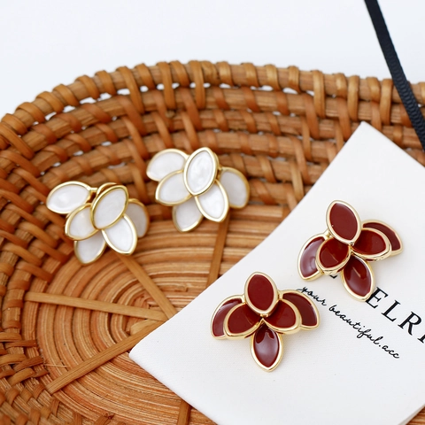 Orecchini a Bottone a Petalo di Fiore in Smalto Vintage Francese Con Perno in Argento Sterling 925 Rame Orecchini per Donna Gioielli