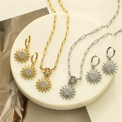 Sun Pendant Necklace And Earrings Copper Micro Pave Zircon Paperclip Chain Elegant Jewelry For Women