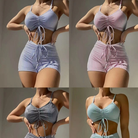 Women Striped Swimsuit Drawstring High Waisted Boy Shorts Bikini Top And Bottom Polyester Spandex Retro Beachwear
