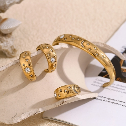 18K Vergoldeter Edelstahl Armreif Ohrringe Ring Stern Mond Strass Celestial Modeschmuck Für Damen