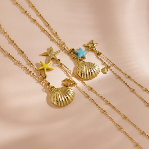 Schelp Zeester Dubbele Hanger Ketting Roestvrij Staal 14K Verguld Oceaan Zomer Strand Sieraden Voor Dames