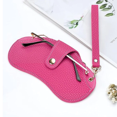 Portable Sunglasses Pouch PU Leather Litchi Pattern Eyeglasses Storage Bag With Hanging Neck Strap Protective Case
