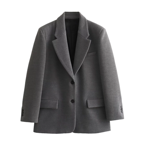 Women Woolen Blazer Padded Shoulder Straight Suit Jacket Casual Office Wear Chic Solid Color Lapel Outerwear Coat