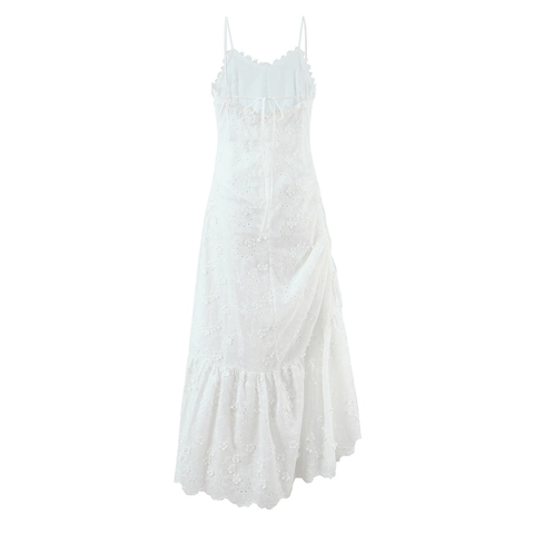 Robe Longue Blanche Coton Broderie Anglaise Bretelles Spaghetti Col En V Ourlet À Volants Dos Nu Style Bohème Élégant
