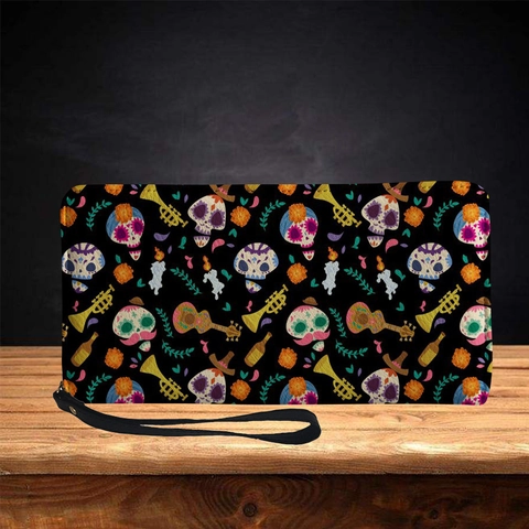 Damen Lange Reißverschluss Geldbörse PU Leder Clutch Tasche Mit Handschlaufe Halloween Totenkopf Muster Mode Neuheit