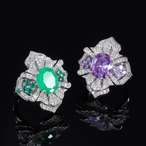 Vintage Luxe Zirconia Bloem Ring High Sense Smaragdgroen Paars Zirconia Verstelbare Open Vingerring Sieraden Voor Dames
