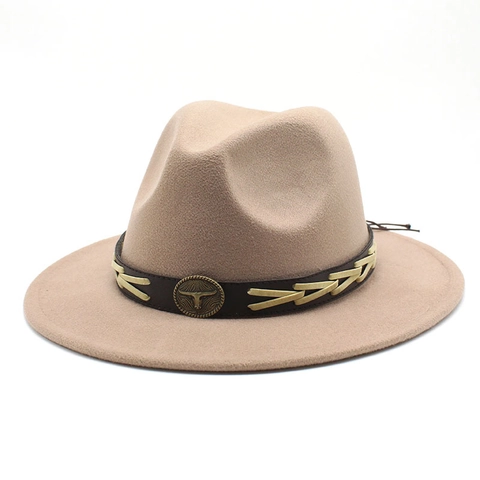 Vintage Fedora Hat Wide Brim Cotton Polyester Western Cowboy Style Bull Head Buckle Decorative Leather Band Jazz Cap