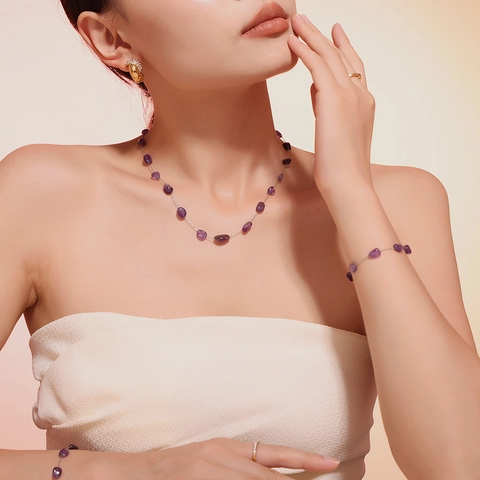Conjunto de Joyas Bohemio de Piedra Natural Púrpura Irregular Acero Inoxidable Galvanizado Collar Pulsera Vintage Mujer