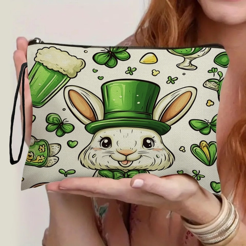 St Patrick Day Makeup Bag Polyester Linen Texture Cartoon Bunny Clover Print Zipper Toiletry Pouch With Wristlet Strap