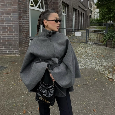 Women Elegant Dark Grey Woolen Cape Coat Stand Collar Batwing Sleeve Jacket With Waist Tie Belt