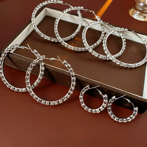 Oversized Rhinestone Hoop Earrings Copper Geometric Luxury Statement Jewelry For Women With Silver Earring Post