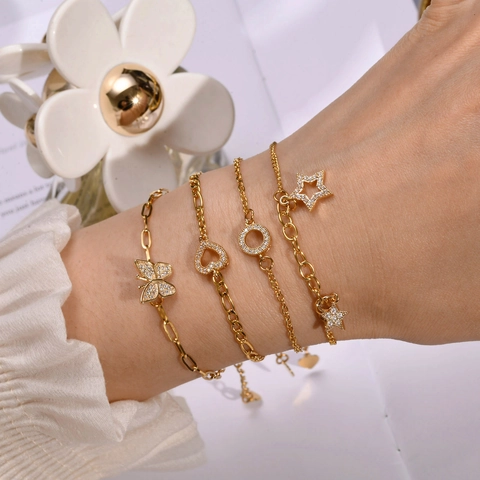 Fashion Women Stainless Steel Bracelet 18K Gold Plated Cubic Zirconia Butterfly Heart Star Sunflower Charm Jewelry