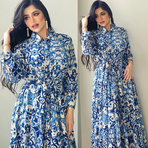 Dames Katoen Polyester Lange Mouwen Maxi Overhemdjurk Revers Knoopsluiting Tailleband Majolica Porselein Print Boho Elegant
