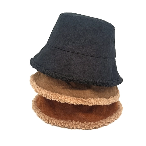Cord Bucket Hut Mit Lammwolle Besatz Warme Verdickte Winter Fischer Kappe Für Damen Herren Retro Casual Stil