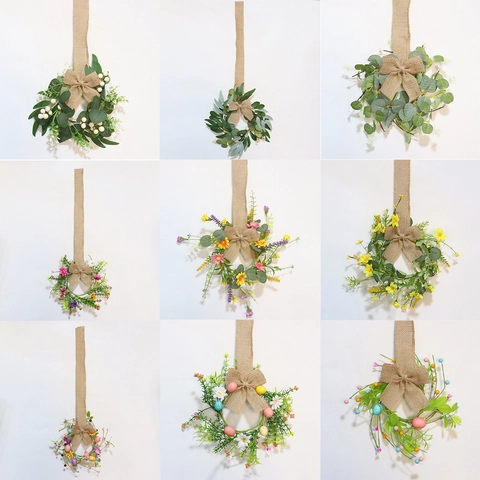 Easter Wreath Artificial Eucalyptus Flower Garland With Linen Bow Colorful Eggs Spring Hanging Decor Farmhouse Wall Ornament