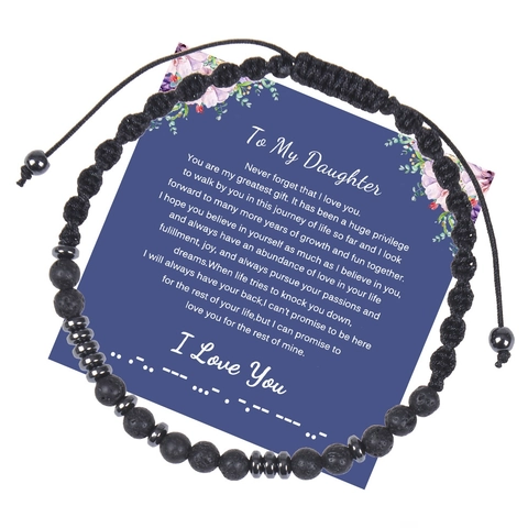 Bracelet Code Morse Perles Pierre De Lave Corde Tressée Ajustable Bijoux Faits Main Cadeau Pour Famille Avec Carte