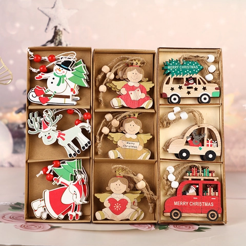 Ornamenti Natalizi Da Appendere In Legno Artigianali Cartone Animato Babbo Natale Renna Pupazzo Di Neve Angelo Auto Decorazione