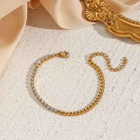 Collana e Bracciale in Acciaio Inossidabile con Zirconia Patchwork per Donna Catena Cubana Dorata con Zirconia