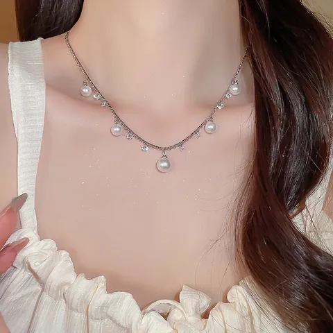 Collana Con Pendente A Nappa Di Künstliche Perle Con Strass Zircone Elegante Stile Francese Catena Da Clavicola Per Donna Gioielli