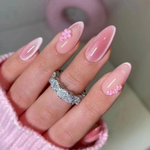Pink Cat Eye Press On Nägel Mit 3D Blume Mandelform Französischer Verlauf Künstliche Falsche Fingernägel Für Frauen