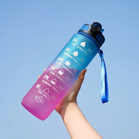 Motivational Sports Water Bottle Gradient Frosted Plastic Leakproof One Click Open Carry Strap Straw Time Marker Outdoor