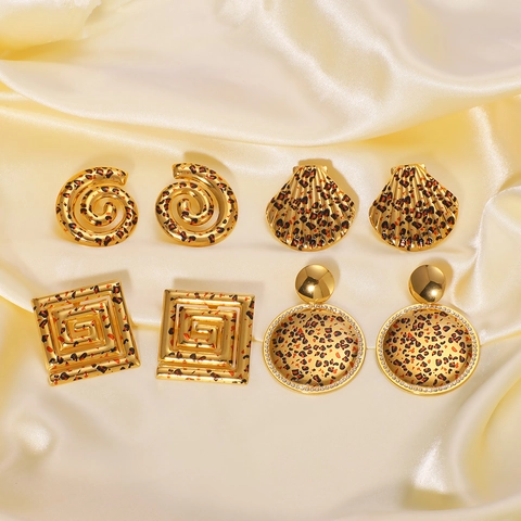 Leopard Print Geometric Earrings 18K Gold Plated Stainless Steel Vintage Rhinestone Niche Jewelry For Women