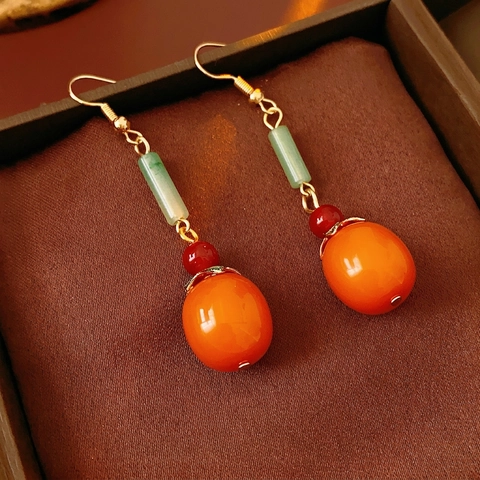 Persimmon Dangle Earrings With Silver Earring Post Alloy Stone Resin Fruit Drop Vintage Neo Chinese Ethnic Jewelry For Women