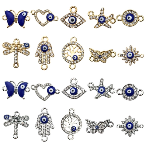 Evil Eye Charms Zinc Alloy Rhinestone Enamel Connector Pendants For DIY Bracelet Necklace Making Butterfly Hamsa Heart