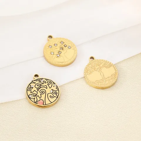 Tree Of Life Charms Stainless Steel Gold Plated Round Pendants With Zircon And Heart Accents For DIY Jewelry Making Crafts