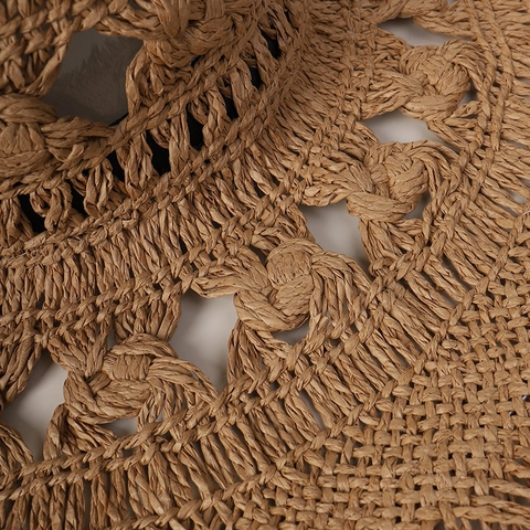 Cappello da Spiaggia in Paglia di Carta Intrecciato a Mano da Donna Falda Larga Bordo Sfrangiato Pieghevole Protezione Solare Estate