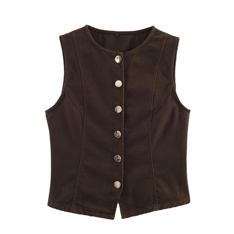 Gilet Di Jeans E Pantaloni A Gamba Larga A Vita Alta Da Donna Gilet Senza Maniche Con Cintura Casual Marrone