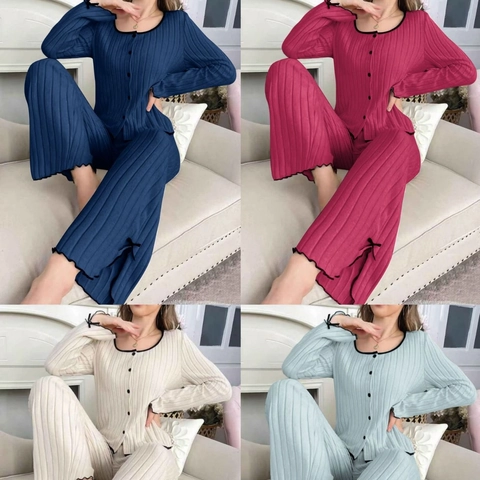 Geribbelde Pyjama Top En Broek Lange Mouwen Loungewear Met Strik Contrastbies Dames Polyester Viscose Mengsel