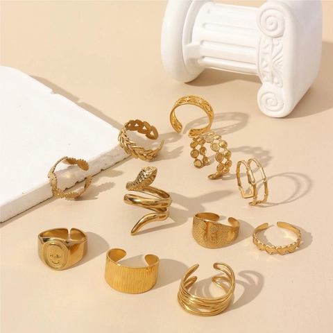Retro Bohemian Adjustable Open Rings Stainless Steel 18K Gold Plated Snake Skull Heart Leaf Style Jewelry For Women