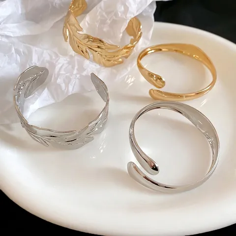 Fashion Metal Cuff Bracelet Gold Silver Plated Leaf Texture Minimalist Teardrop Design Adjustable Open Bangle Jewelry