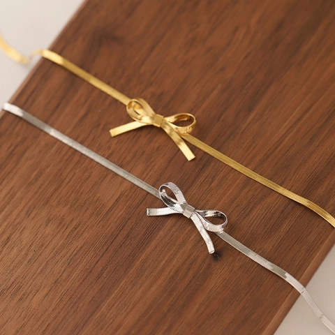 Sweet Stainless Steel Bow Necklace For Women Gold Silver Minimalist Snake Chain Bowknot Earrings Bracelet Jewelry Set