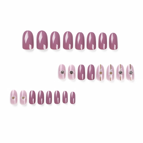Almond Press On Nails Glossy Pink With 3D Flower Rhinestone Design Elegant False Nails For Women Manicure