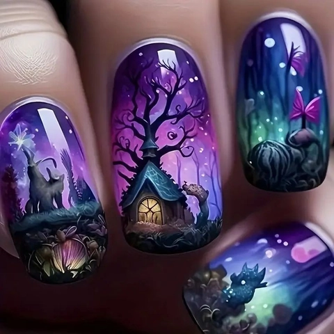 Press On Nails ABS Plastic Medium Long Square Halloween Fantasy Forest Aurora Gradient Wolf Moon Dreamy Art For Women