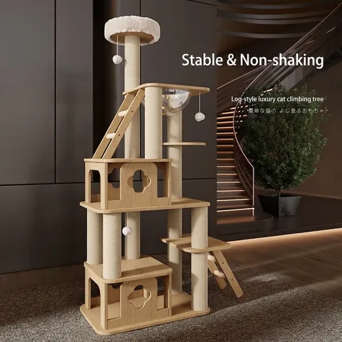 Multi Level Cat Tree Tower With Solid Wood Sisal Scratching Posts Space Capsule Condo For Indoor Cats Play Rest