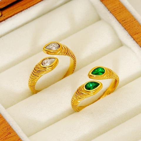 Roestvrijstalen Open Ring Voor Dames 18K Verguld Spiraal Textuur Band Peer Geslepen Zirkoon Verstelbare Mode Sieraden