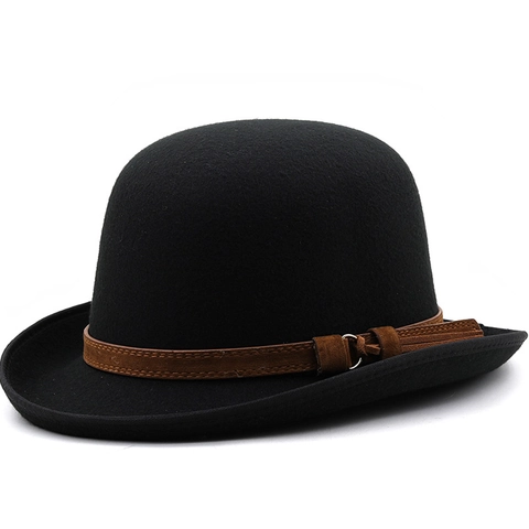 Bombetta Stile Britannico Vintage Calotta Rotonda Feltro Di Lana Cappelli Derby Con Fascia Con Fibbia Decorativa Uomo Donna
