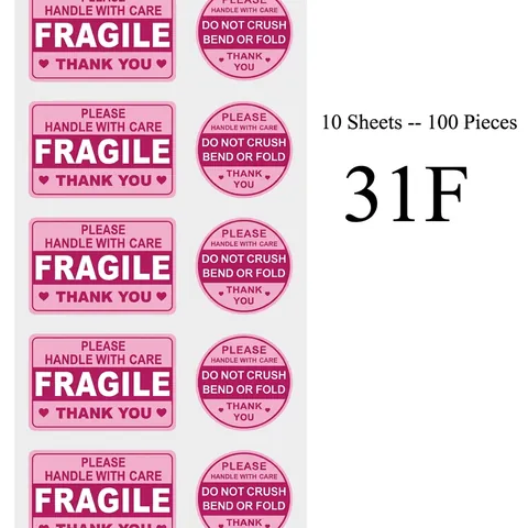 Fragile Warning Stickers Handle With Care Labels Pink Adhesive Shipping Packaging Mailing Moving Warning Tags