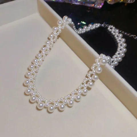 Layered Woven Faux Artificial Pearl Necklace For Women Elegant Vintage Titanium Steel Clavicle Chain Adjustable Jewelry