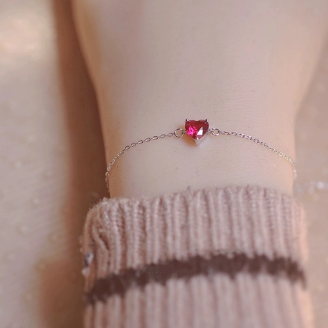 Minimalist 925 Sterling Silver 14K Gold Plated Heart Rhinestone Bracelet For Women Red Heart Gemstone Chain Jewelry Gift